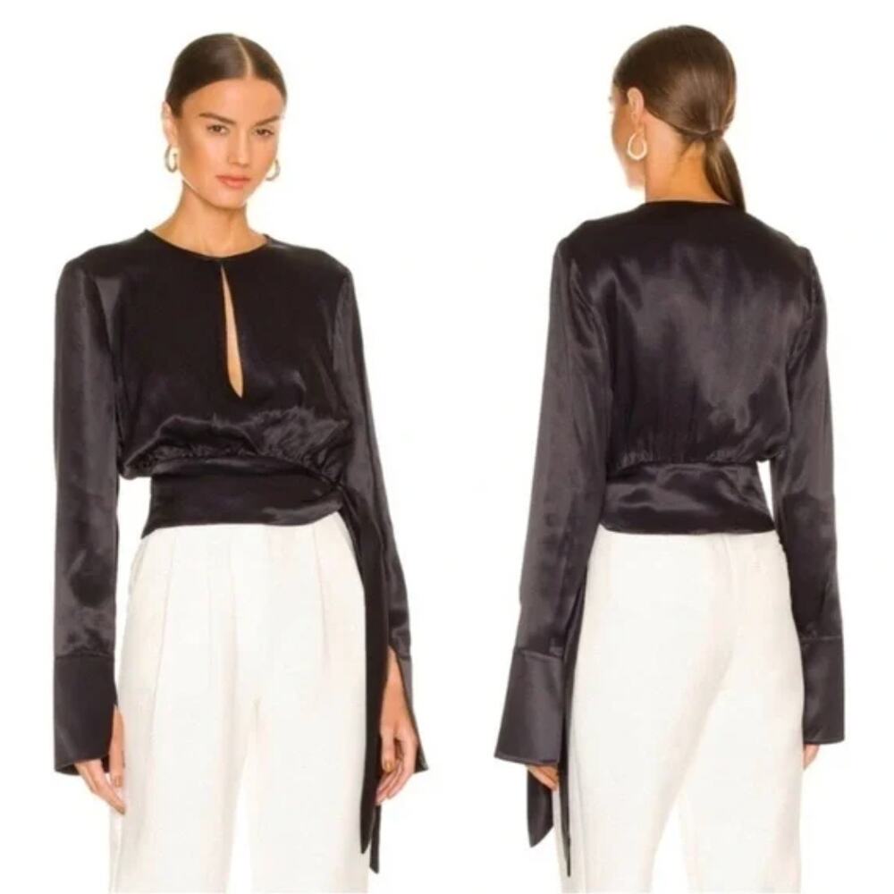 NWT L'Academie Maisel Black Satin Long Sleeve Blouse Top, size S
